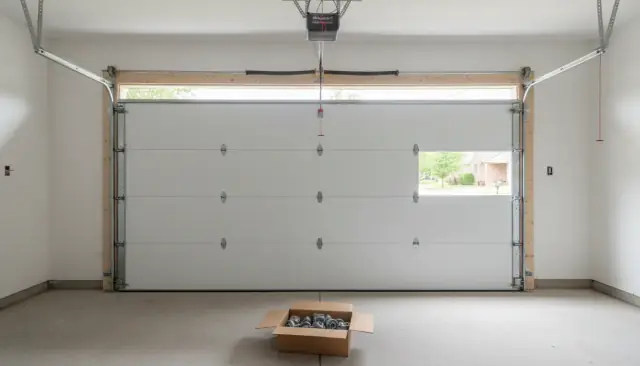 A new white sectional door half assembled on its tracks in an empty garage