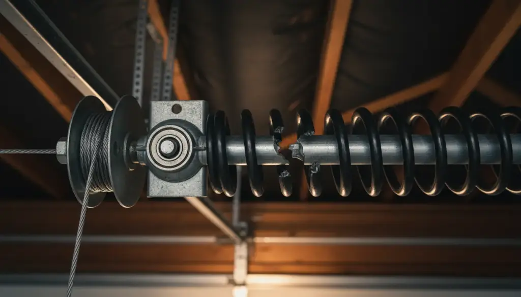 A torsion spring, cable drum and bearing plate above a garage door header
