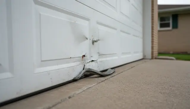 The bottom panel of an older white garage door creased by a bumper, the weather seal curling