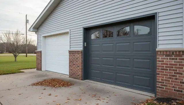 A charcoal carriage-style garage door with window lites beside a white door on a brick ranch house